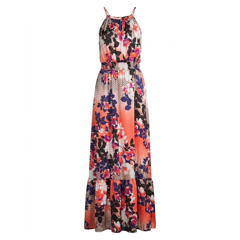 Cato Floral Maxi Dress Women 10 Orange Navy Halter Smocked Tiered Ruffle